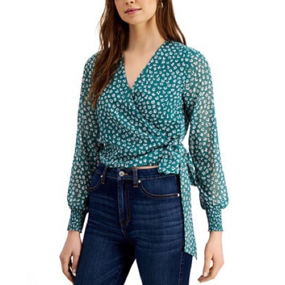 BAR III XL floral green print wrap blouse